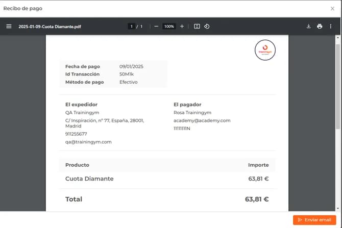 A digital payment receipt displayed within a PDF viewer interface, titled 'Recibo de pago' with the filename '2025-01-09-Cuota Diamante.pdf' shown at the top. The receipt includes transaction details such as payment date '09/01/2025', transaction ID '50Mlk', and payment method 'Efectivo'. It lists the issuer 'QA Trainingym' with address 'C/ Inspiración, nº 77, España, 28001, Madrid', phone '911255677', and email 'qa@trainingym.com'. The payer is identified as 'Rosa Trainingym' with email 'academy@academy.com' and partial phone number '1111111N'. The product listed is 'Cuota Diamante' with an import of '63,81 €', matching the total amount. A circular logo with red and white design appears in the upper right corner of the receipt. The interface includes standard PDF controls (zoom, download, print) and an orange 'Enviar email' button at the bottom right.