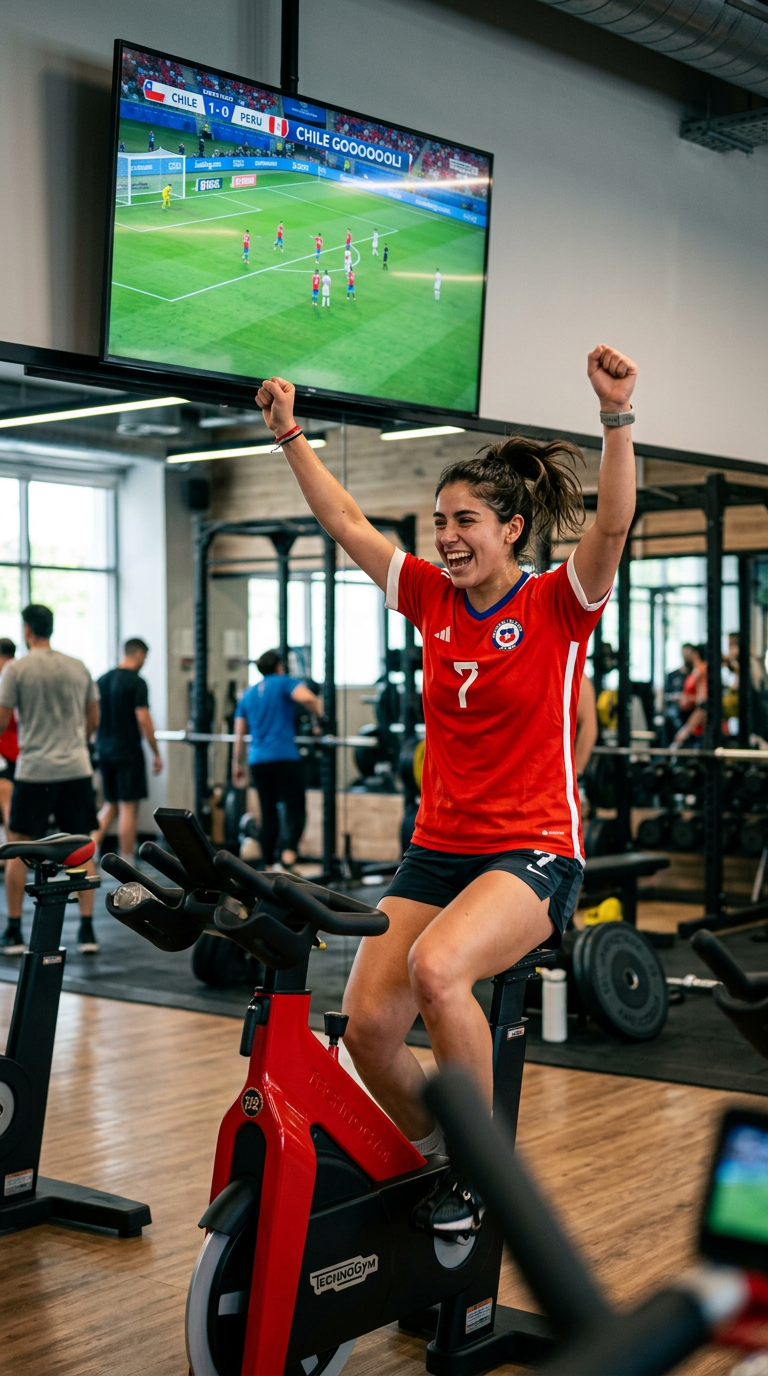 Socia celebrando el Mundial en bicicleta del gimnasio