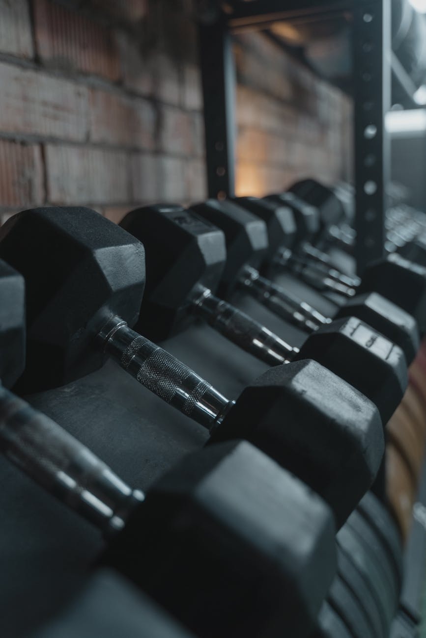 Mancuernas ordenadas en un rack de gimnasio.