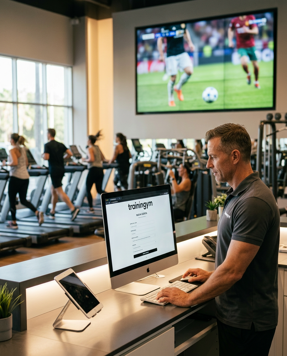 Gimnasio moderno usando Trainingym en recepción con partido del Mundial al fondo