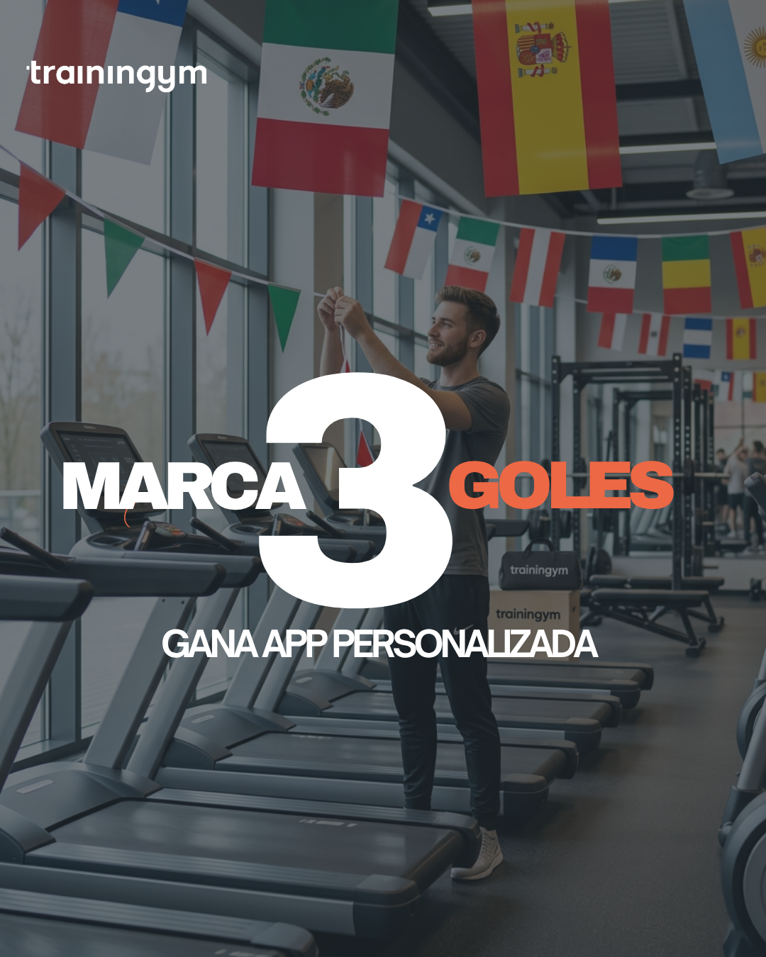 Gimnasio decorado para el Mundial: MARCA 3 GOLES, GANA APP PERSONALIZADA
